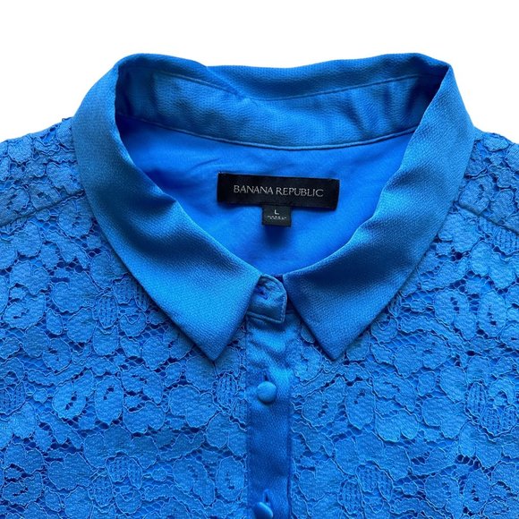 Banana Republic L Cornflower Blue Lace Flutter Sleeve Collared Polo Knee Length - Picture 8 of 14